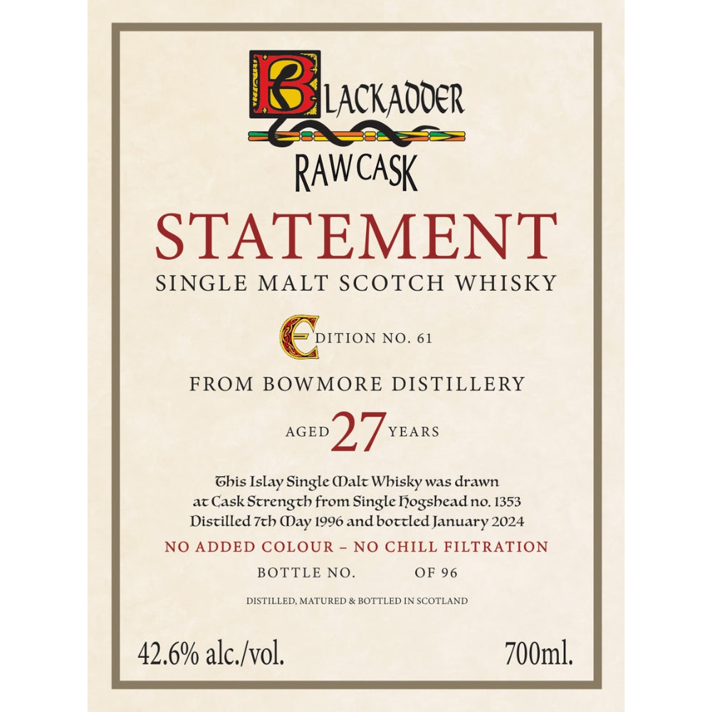 Buy Blackadder Raw Cask Statement Bowmore 27 Year Old Online -Craft City