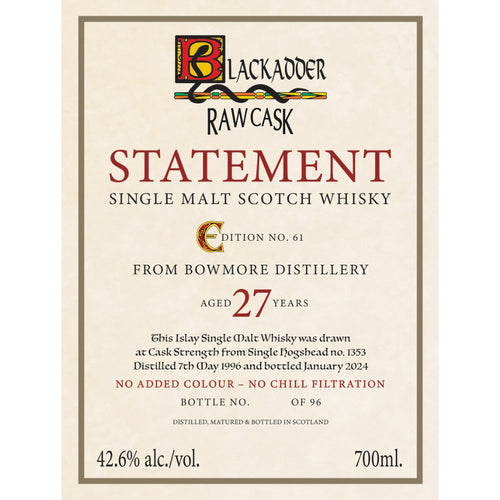 Buy Blackadder Raw Cask Statement Bowmore 27 Year Old Online -Craft City