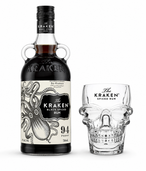 Kraken Rum Black Spiced Rum 94 Proof with Skull Glass