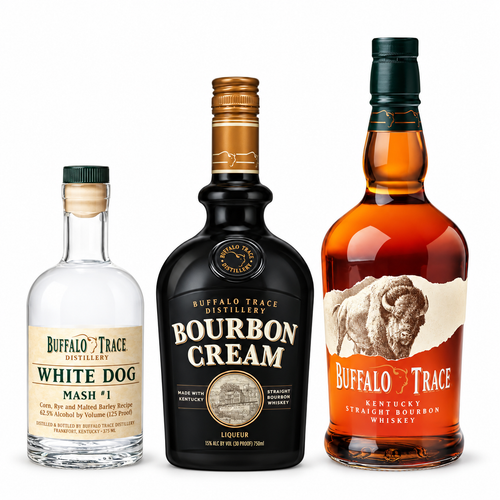 Buffalo Trace Bourbon, Bourbon Cream & White Dog 3-Bottle Whiskey Bundle