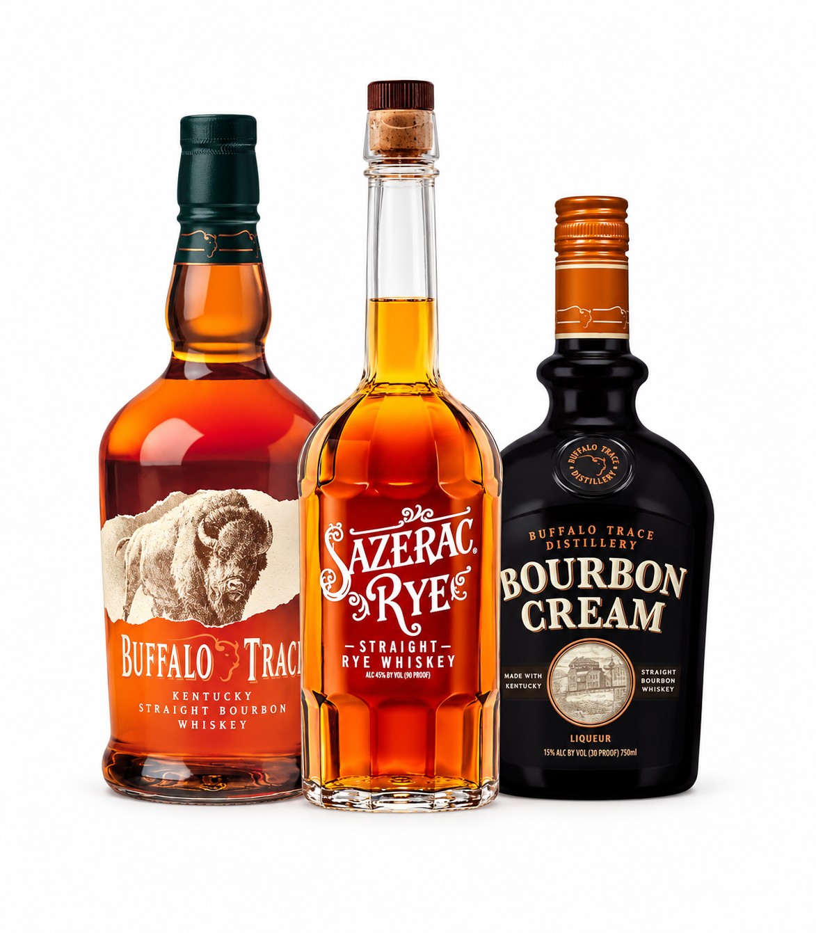 Sazerac Rye, Buffalo Trace Bourbon & Bourbon Cream 3PK Bundle